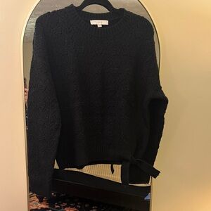 LOFT Black Textured Crew Neck Sweater with Side Tie